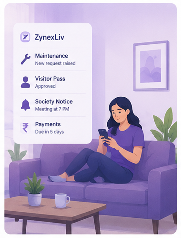 ZynexLiv resident mobile app updates for maintenance, visitor pass, society notice, and payments