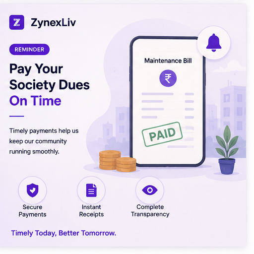 ZynexLiv society dues payment reminder card